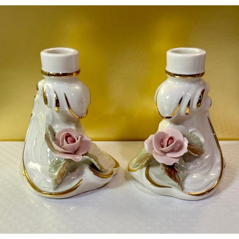 Vintage Porcelain Rose Candlesticks Pair Gold Trim Dresden Style
